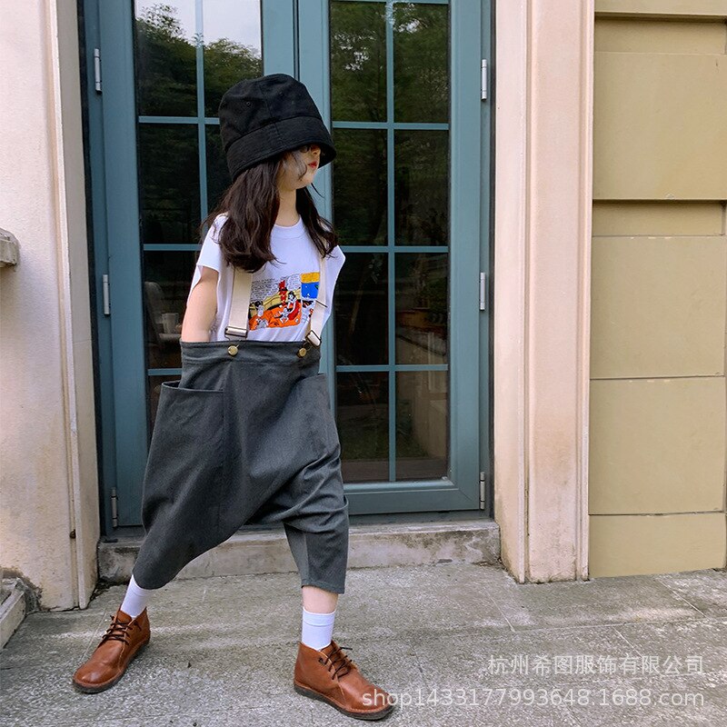 summer boys and girls pants Japanese hip-hop hip-hop pants suspenders cropped pants