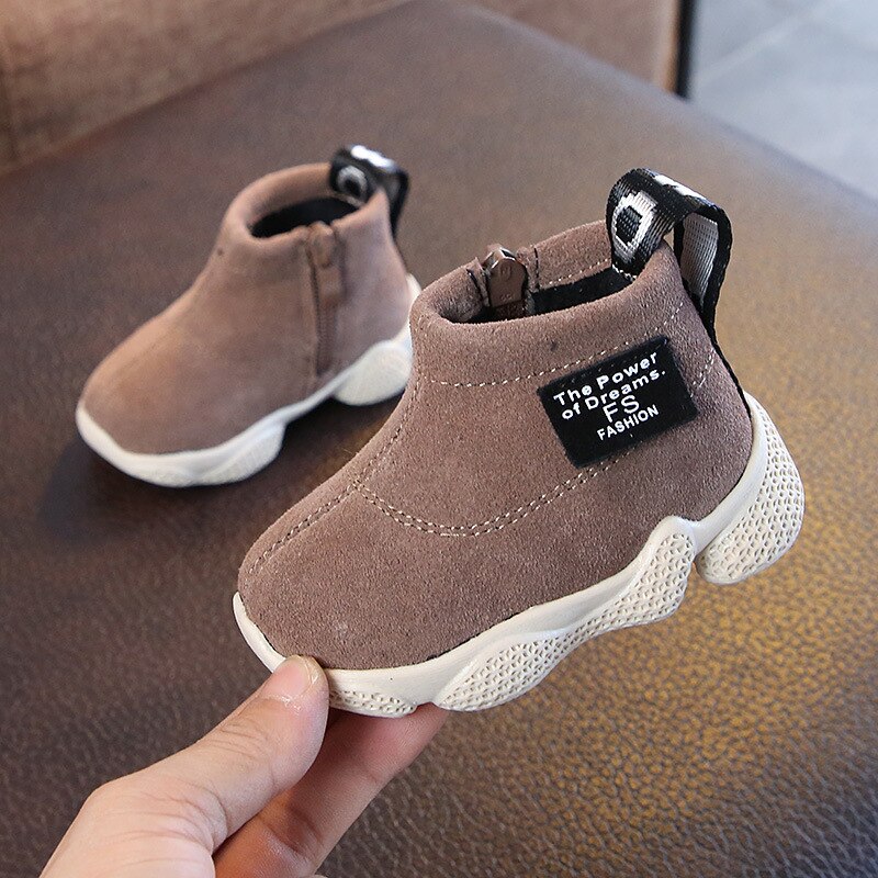 Efterår vinter baby børn drenge ruskind ankelstøvler høje sko børn piger side lynlås støvler str. 15-25: Khaki / 15 ( inde 12 cm)