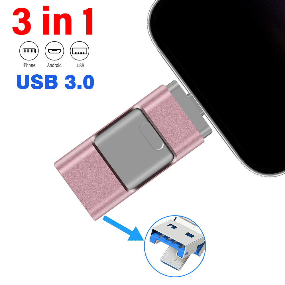 För iphone usb-minne 2tb 1tb usb 3.0 pendrive 3 i 1 mirco usb 3.0 512g 256gb 128/64/32gb minne usb-nyckel mfi-minne: Rosa / 32gb