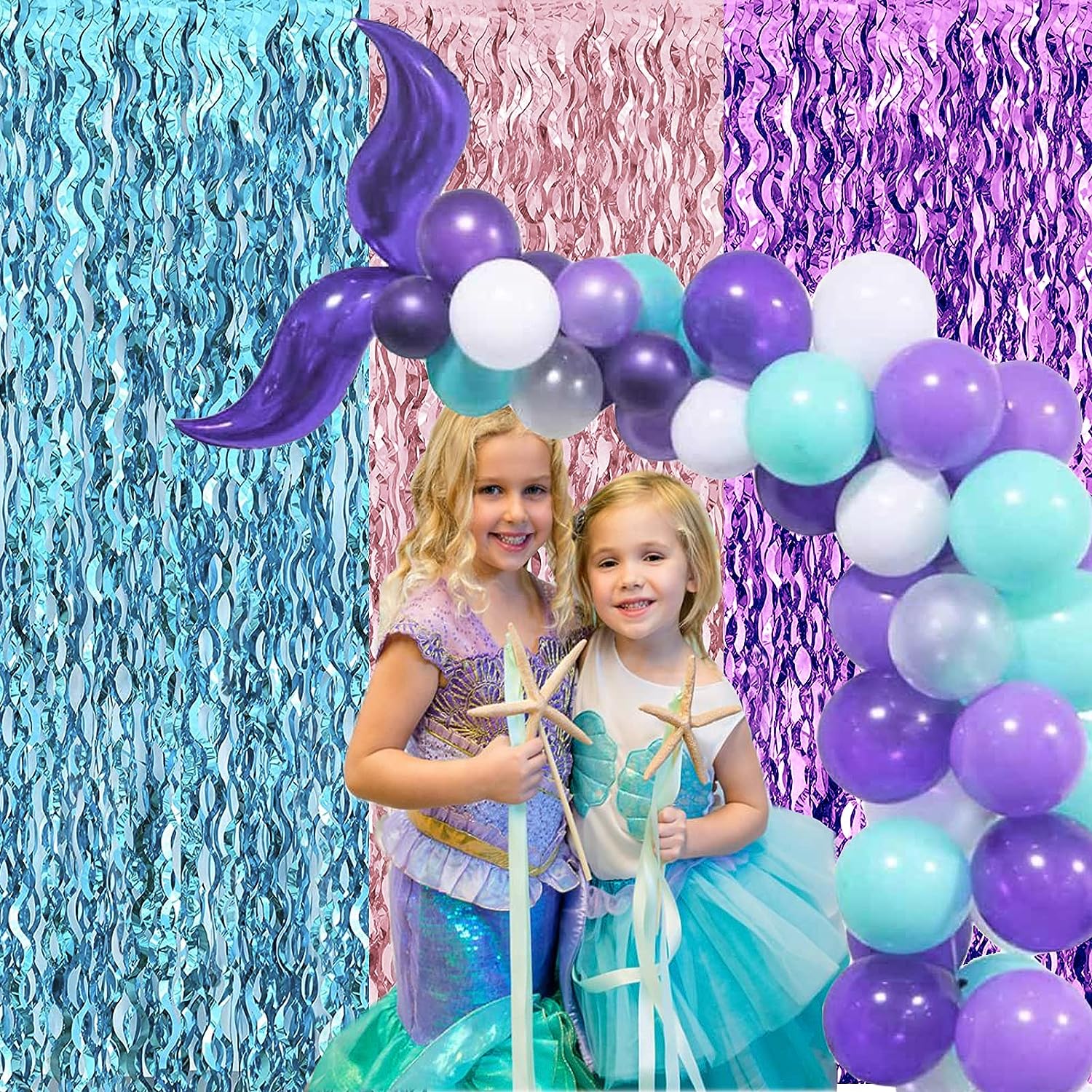 Cortinas con flecos de lámina de oropel brillante, telón de fondo con flecos de lámina de Metal azul y morado, cortinas de pared para Baby Shower, telón de fondo de de sirena