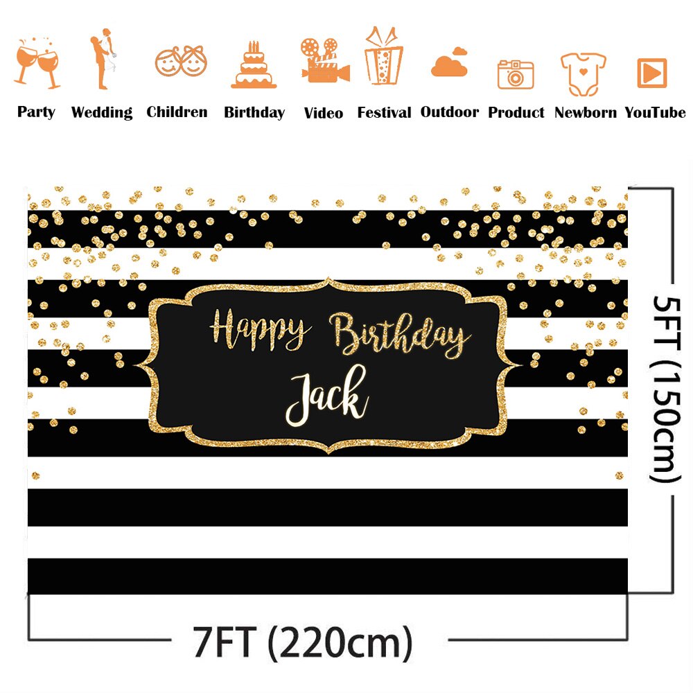 Witte En Zwarte Streep Goud Glitter Gelukkige Verjaardag Party Achtergrond Voor Fotografie Kinderen Custom Poster Banner Photo Achtergrond