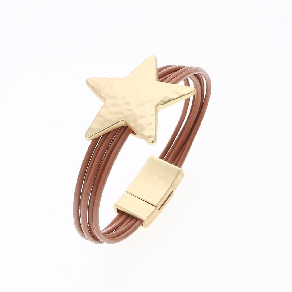 Legierung Stern Magnet Taste Multilayer Leder Charm Armreif 3 Farben Gold Silber Armreifen Für Frauen