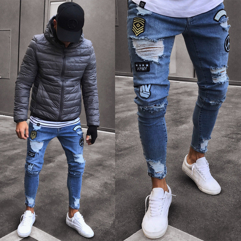 Skinny jeans herre rip slim fit stretch denim distress flosset biker ridset udhulet lange jeans drengezone