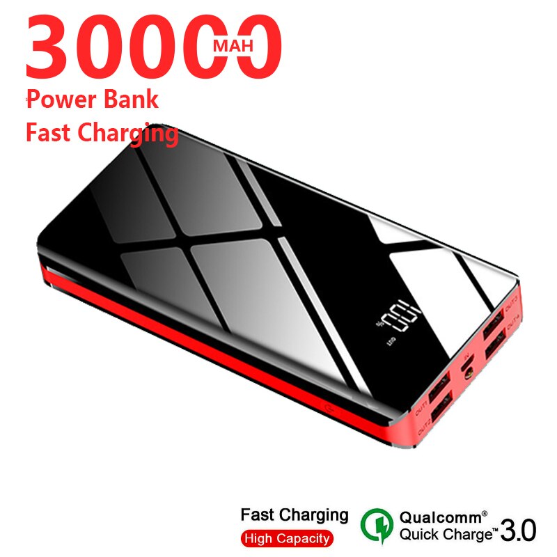 Grande capacità 30000mAh PoverBank caricatore rapido portatile da 4 USB caricatore da viaggio per esterno a specchio a schermo intero per tutti i telefoni