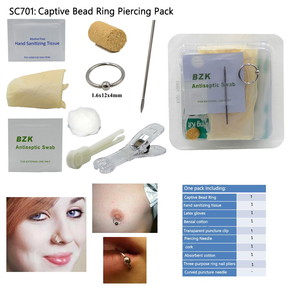 Kit de perçage de corps jetable Kit de perçage stérile médical pour oreille nez mamelon ventre nombril Septum Piercing outil Machine Kit: SC701 Captive Ring