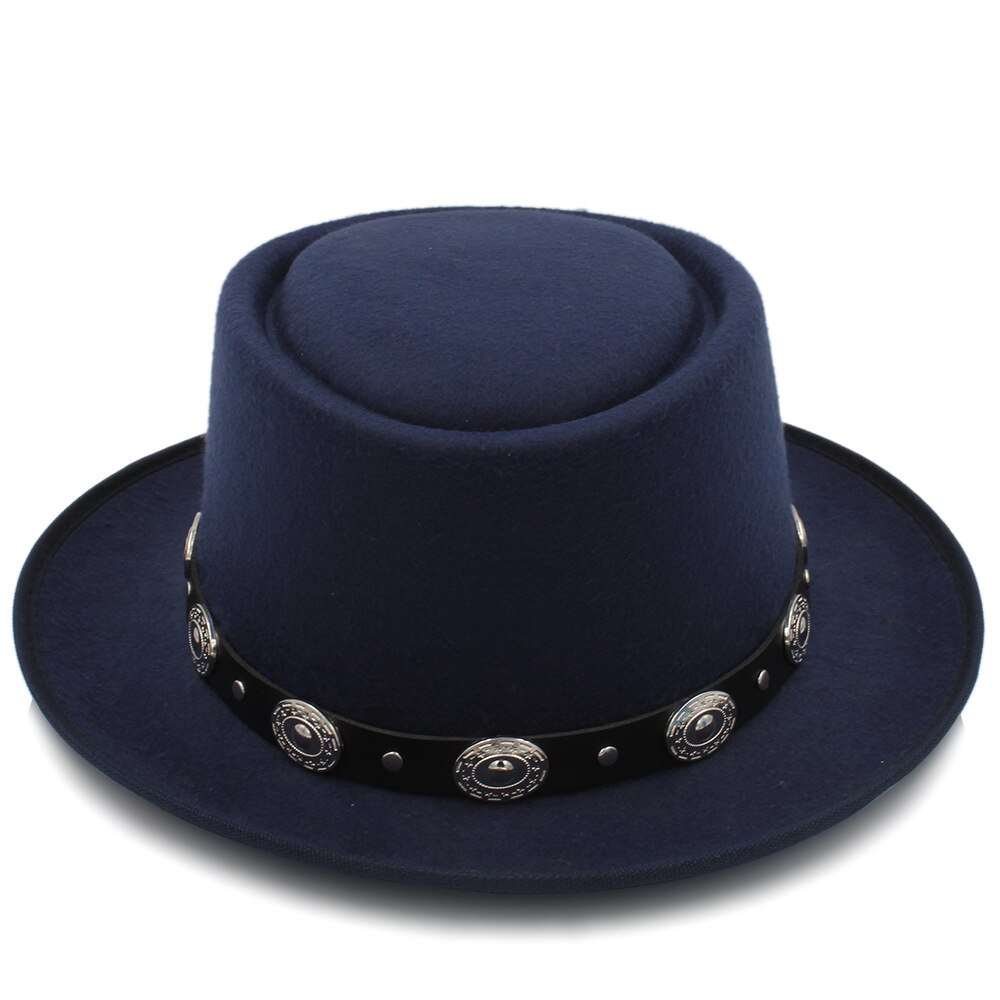 Vrouwen Pork Pie Hoed Vader Wol Platte Fedora Hoed voor Dame Koningin Gambler Schipper Trilby Hoed Hoed Maat 58 cm: Dark Blue