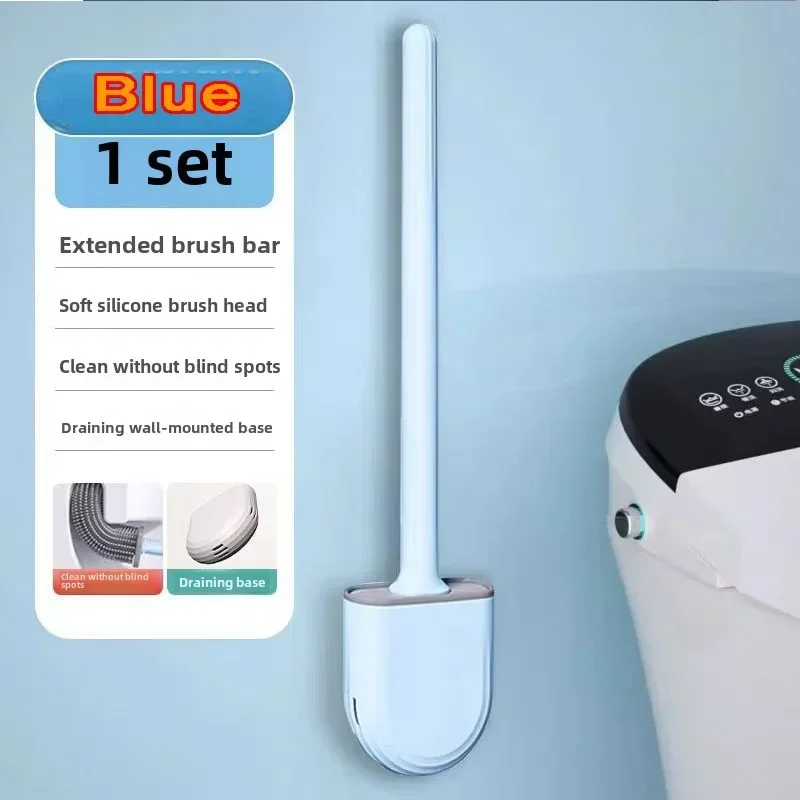 Escobilla de baño para inodoro, escobilla de baño montada en la pared, cabezal de cepillo plano de silicona, juego de cepillos limpiadores suaves de secado rápido, cepillo de limpieza: Azul