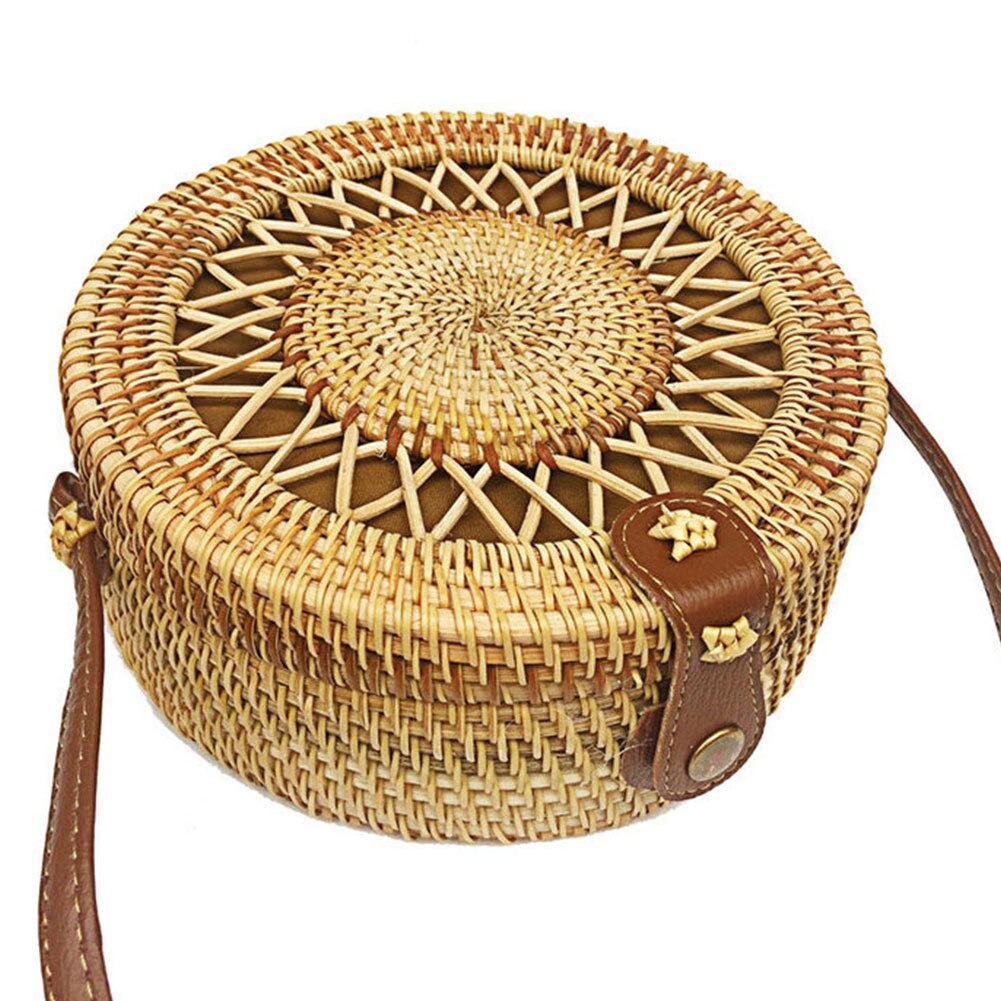 Bolso de mimbre tejido a mano, bolso de mimbre redondo para mujer, bolso de paja de diagonal, mochila de picnic para vacaciones en la playa