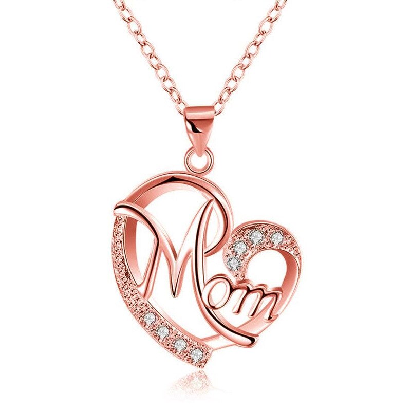 Letter Mom Heart Shaped Crystal Pendant Necklace Mother's Day The Best for Mom with Jewelry: Rose gold