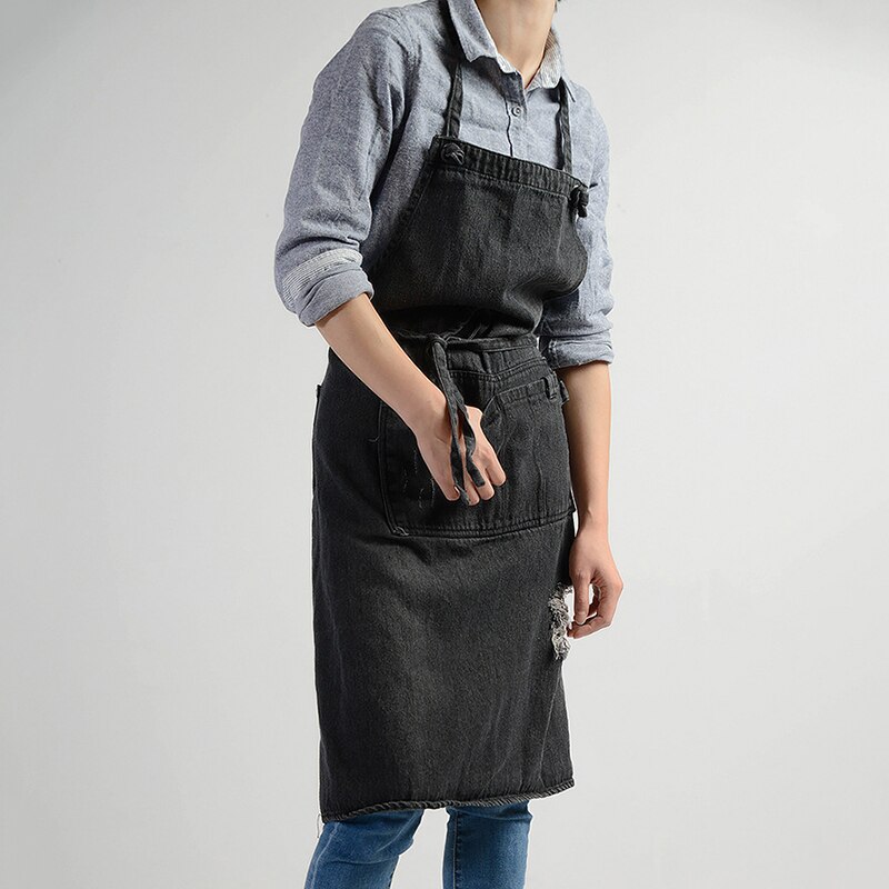 Denim Hanging-neck Apron Sleeveless Apron Dust-proof Overall for Chef Kitchen with Pockets Unisex TT@88