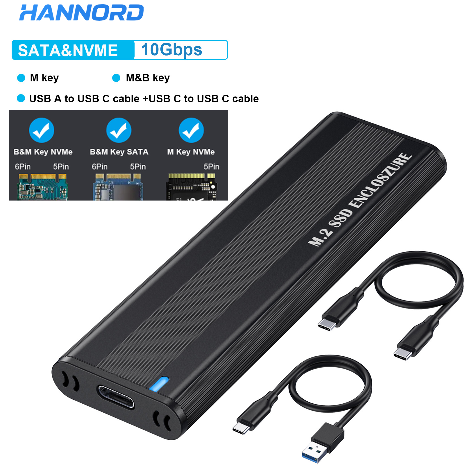 Hannord M.2 to USB C 10Gbps SSD Case External Enclosure M2 SSD Case NVME SATA Dual Protocol USB Type C 3.1 SSD Adapter