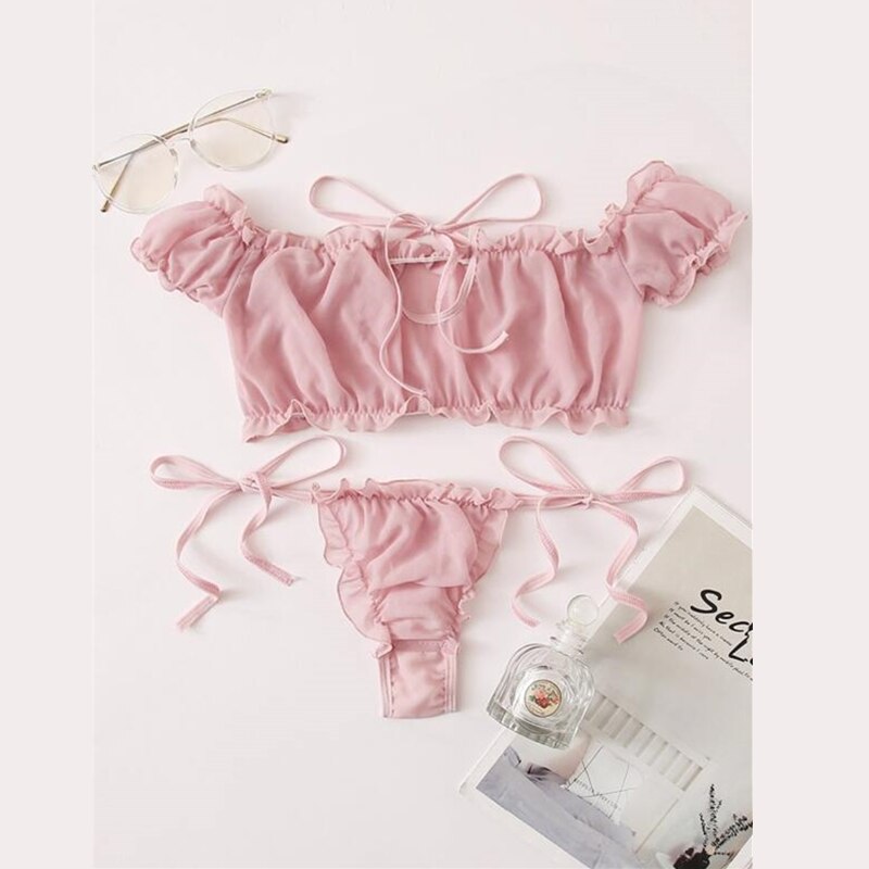Vrouwen Sexy Zoete Roze Lingerie Sets Off Schouder Franje Trim See Through Tulle Crop Tops + Lace Up Thong Slips ondergoed Nachtkleding