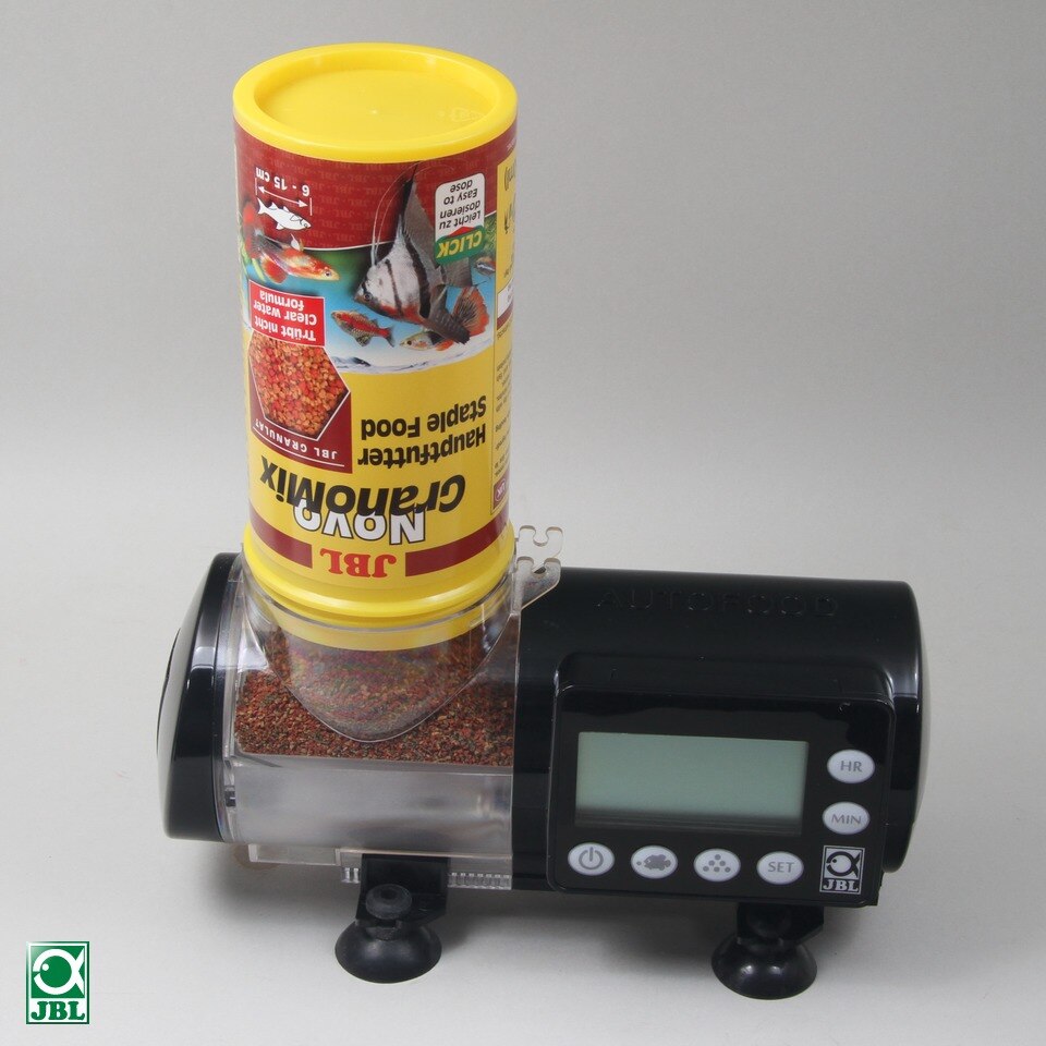 Jbl automatare elektronisk lcd display digitalt program fiskfoder foder granulat pellets akvarium vit svart