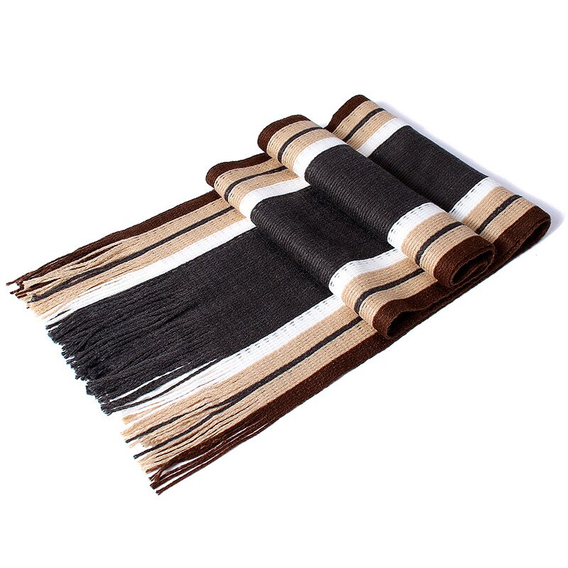 Nyaste scarf herr vinter randig bomull halsduk casual 180*23cm kvinnor halsduk med tofs varma stickade halsdukar: Kaffe beige