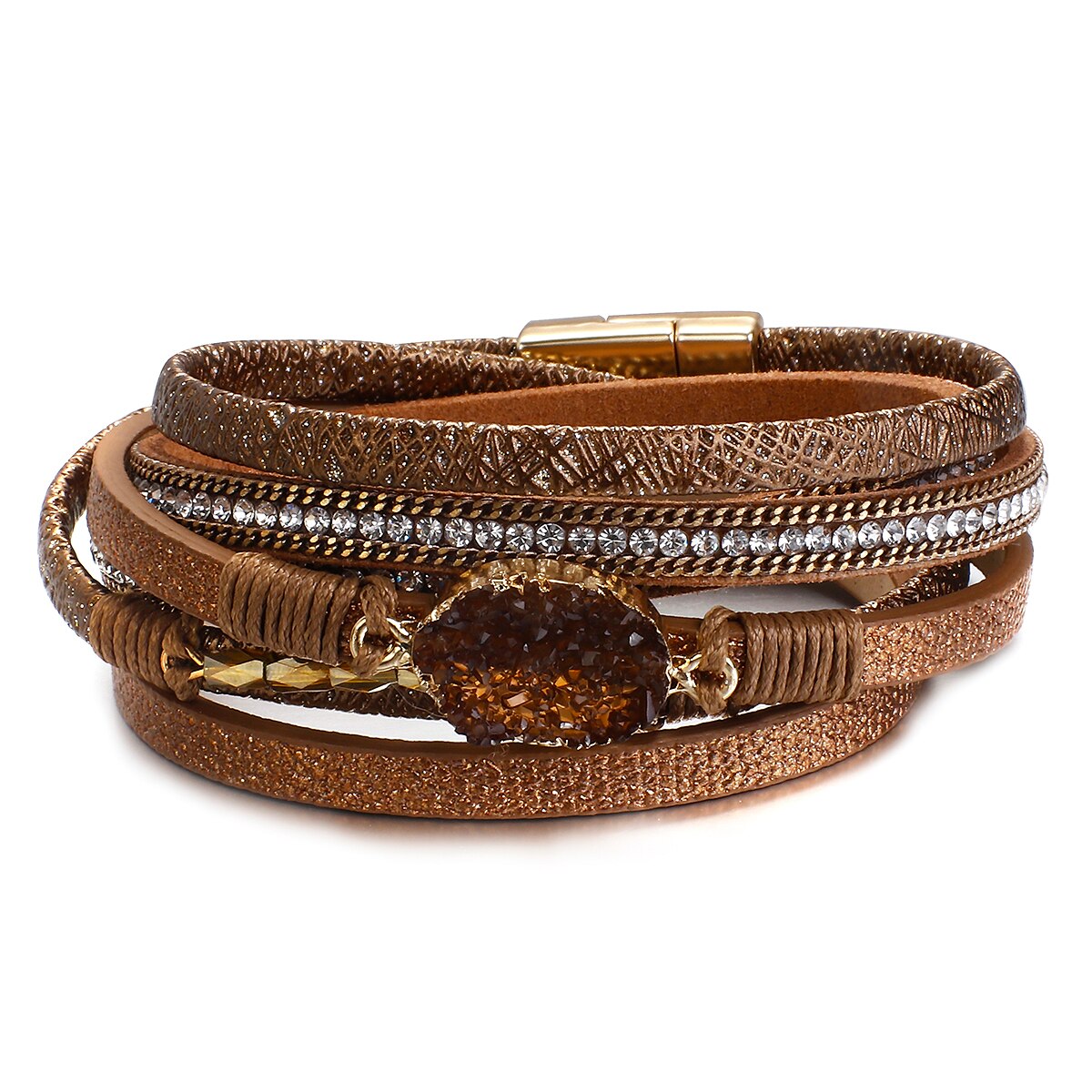 Allyes Lange Hars Lederen Armbanden Voor Vrouwen Boho Rhinestone Charm Magnetische Gesp Gevlochten Wrap Armband Sieraden: Coffee