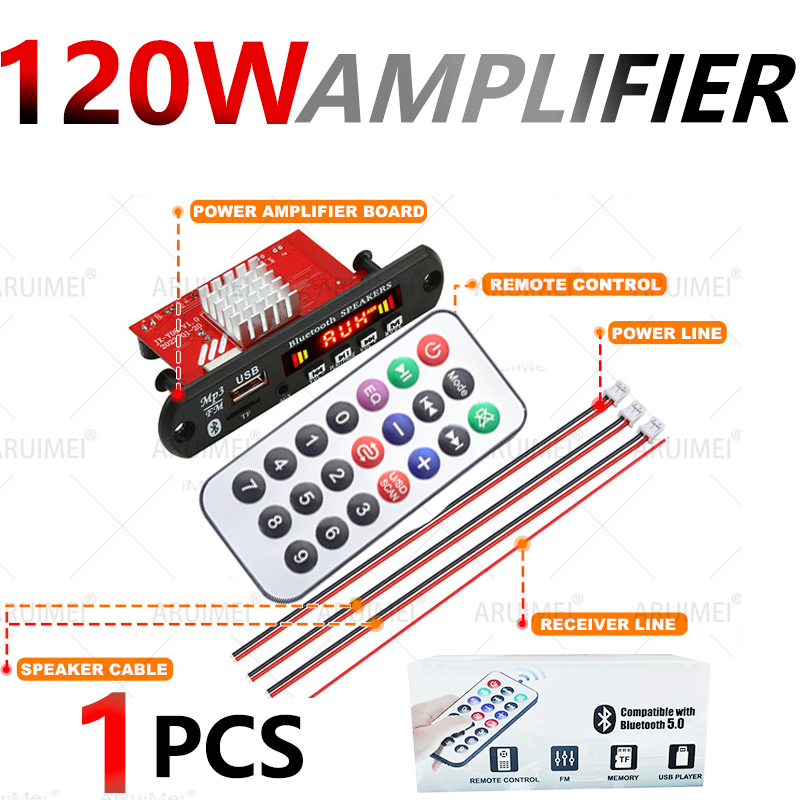 120w diy casa amplificador digital mp3 placa decodificadora 12v 24v 60w potência de áudio bluetooth fm para música subwoofer alto-falante com controle remoto: BRANCO