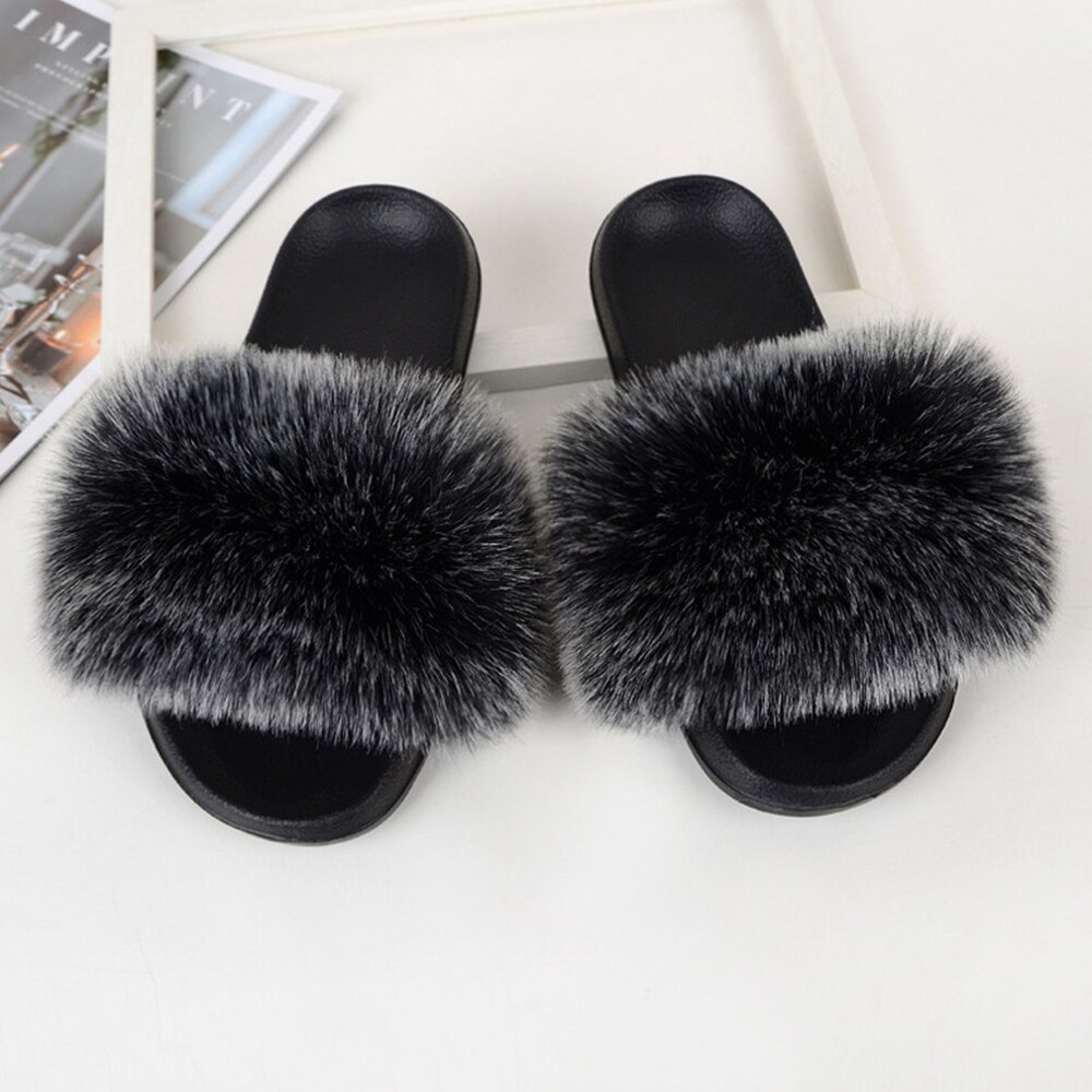 Imitatie Vossenbont Slippers Faux Furry Fluffy Slippers Vrouwen Slides Sandalen Indoor Schoenen Voor Vrouwelijke Slip Op Slippers d30: Frost Black / US 6-7