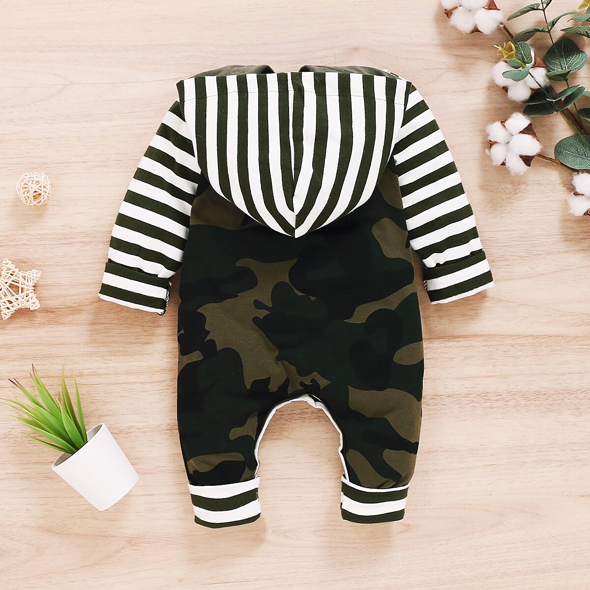 Babyjongens romper met capuchon, gestreepte lange mouwen, kleurblokletters, hoodie, camouflage jumpsuit, eendelig kledingstuk