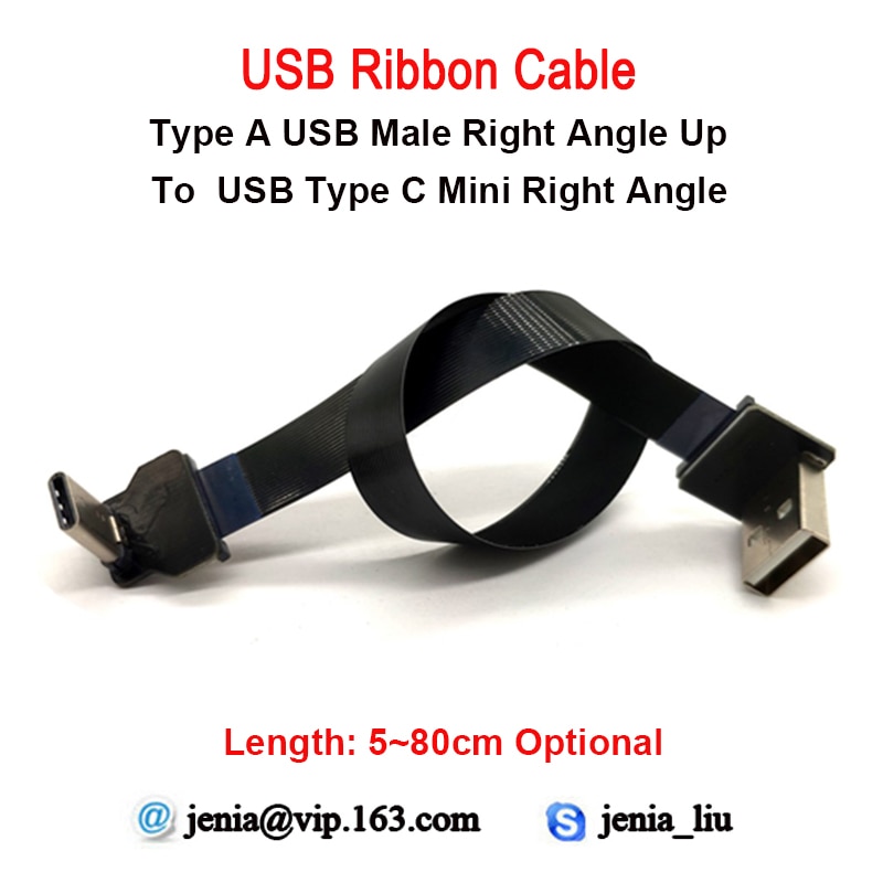 5 to 80 Cm Flat ribbon usb metal cable 90 degree Mini Type C Male to Male Type A Right Angled UP ffc ultra thin cable