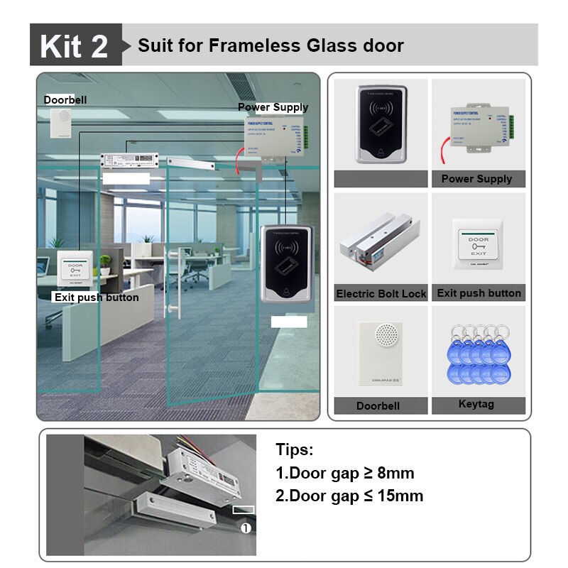 1000 Users Swipe Card Without Keyboard To Access RFID 125KHZ ID Card Reader Electronic Door Lock DC12V Control System Package: Kit 2