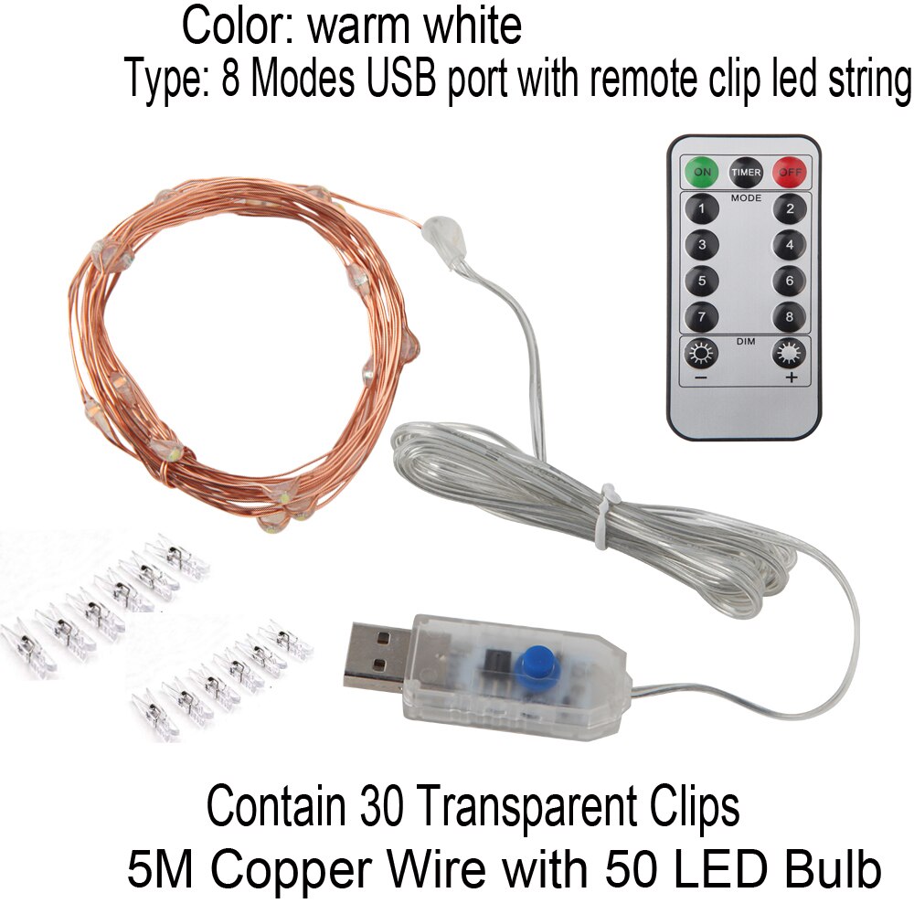 50 fotoklemmer lysslyngeholder innendørs usb lyssnorer til opphenging av bilder bilder kort klipsholder dekorasjon: Usb 5m 30 klipp