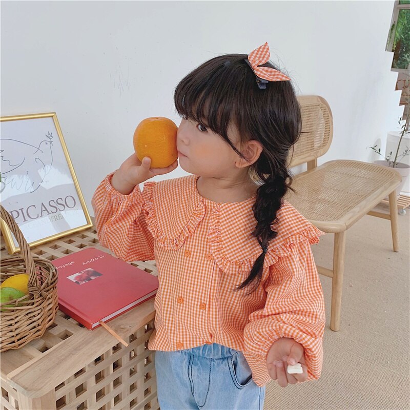 Herfst babymeisjes shirts schattige lange mouwen strepen print shirts kindertopjes shirts casual meisjes katoenen blouse 2-8y: Oranje / 6-7y
