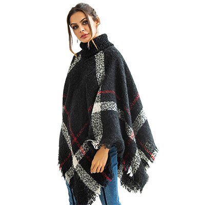 NORA TWIPS Women Sweater Plus Size Women's Wool Plaid Cardigan Turtleneck Cape Batwing Sleeve Knit Poncho Sweater: Black / XL