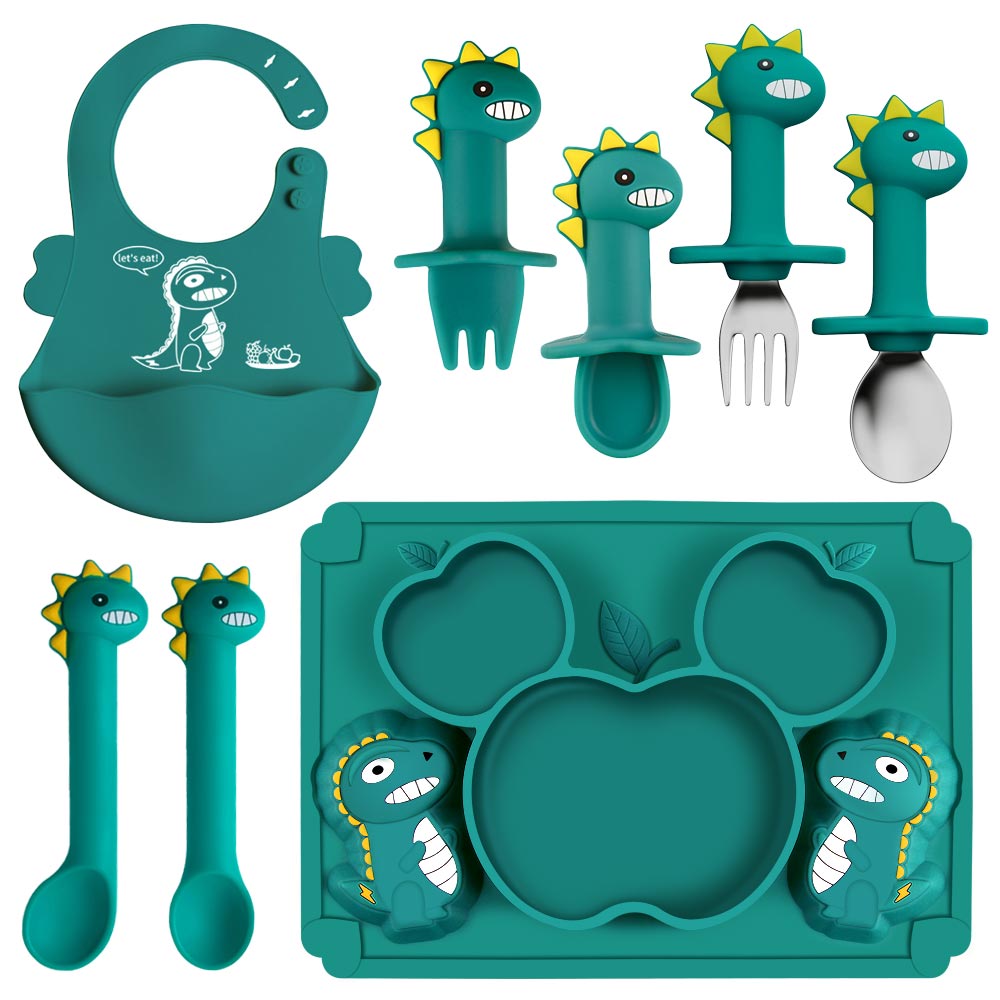 Silicone Baby Zuignap Plaat Slabbetjes Voeden Set Servies Bestek Kinderen Rvs Lepel En Vork Doseren Gerechten Din