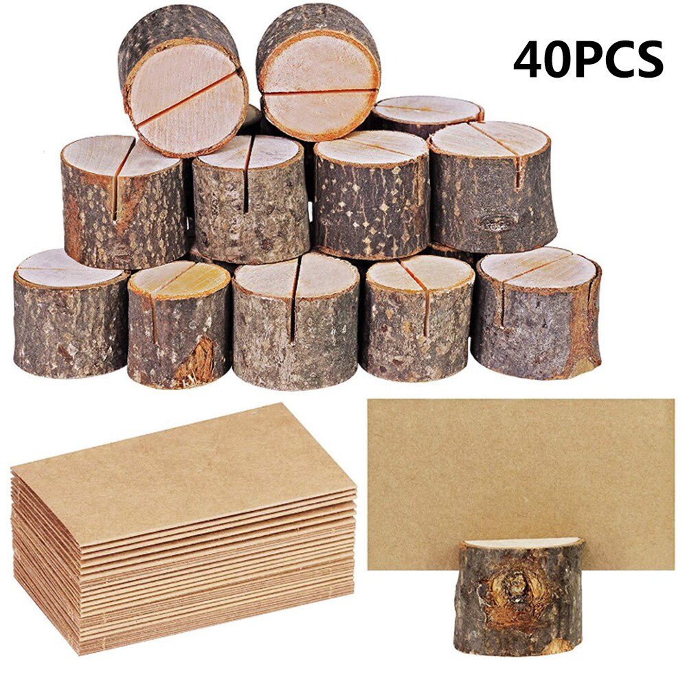 20 paires En Bois Naturel D'écorce Porte-Mémo Parti Décoratif Bois Pile Nom Porte-Cartes Menu D'anniversaire De Mariage Décor