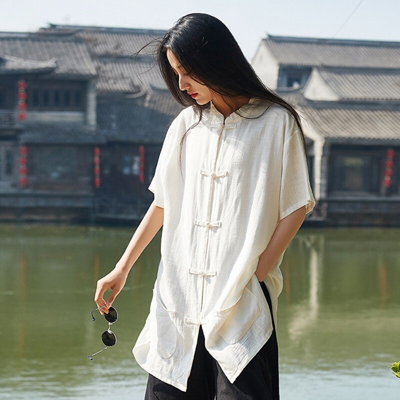 Cotton Linen Chinese Style Clothing Women Summer Blouses Kung Fu Clothes Mandarin Collar Short Sleeve Chinese Top 11771