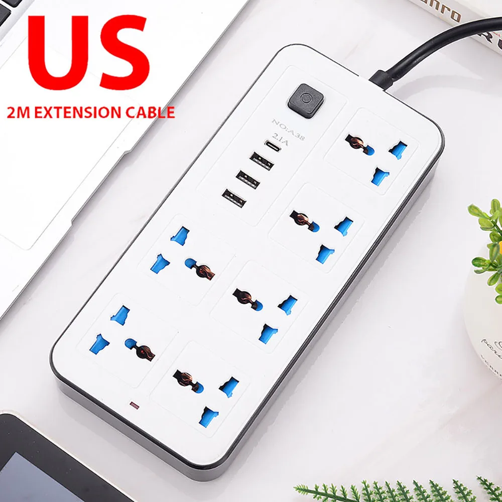 Strømuttak med flere tilkoblinger universalplugg eu usa uk stikkontakt strømskinne ac type c usb-port lade stikkontakt med 1.8m skjøteledninger: Brun