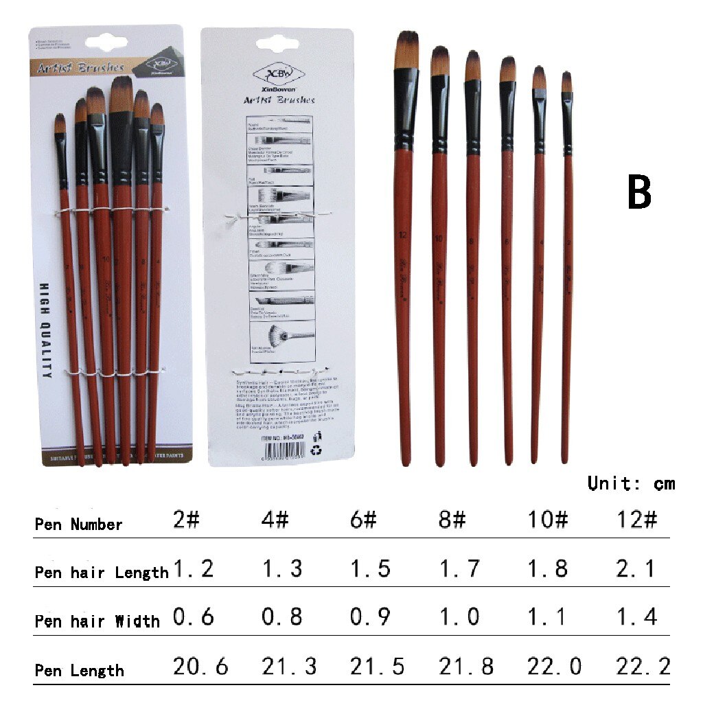 6 Kunstenaar Aquarel Penselen Kwast Voor Nylon Penselen Olieverf Acryl Platte & Tip Kit Pen art Supplies: B