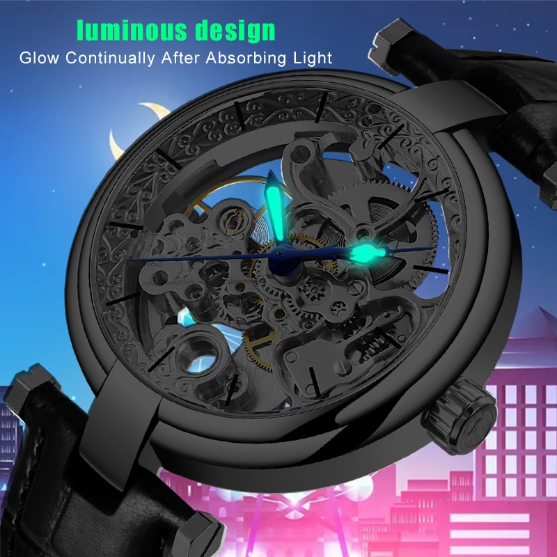 Forsining dubbelzijdig transparant waterdicht automatisch herenhorloge topmerk luxe skelet lichtgevend leren heren polshorloge