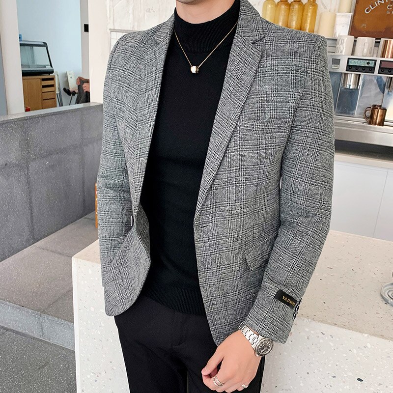 Business Casual Blazers Masculino Grey Patchwork Blazer Men Slim Fit Stylish Plaid Blazer Homem Terno Masculino Blazer Homme: Light Gray / Korean XXL