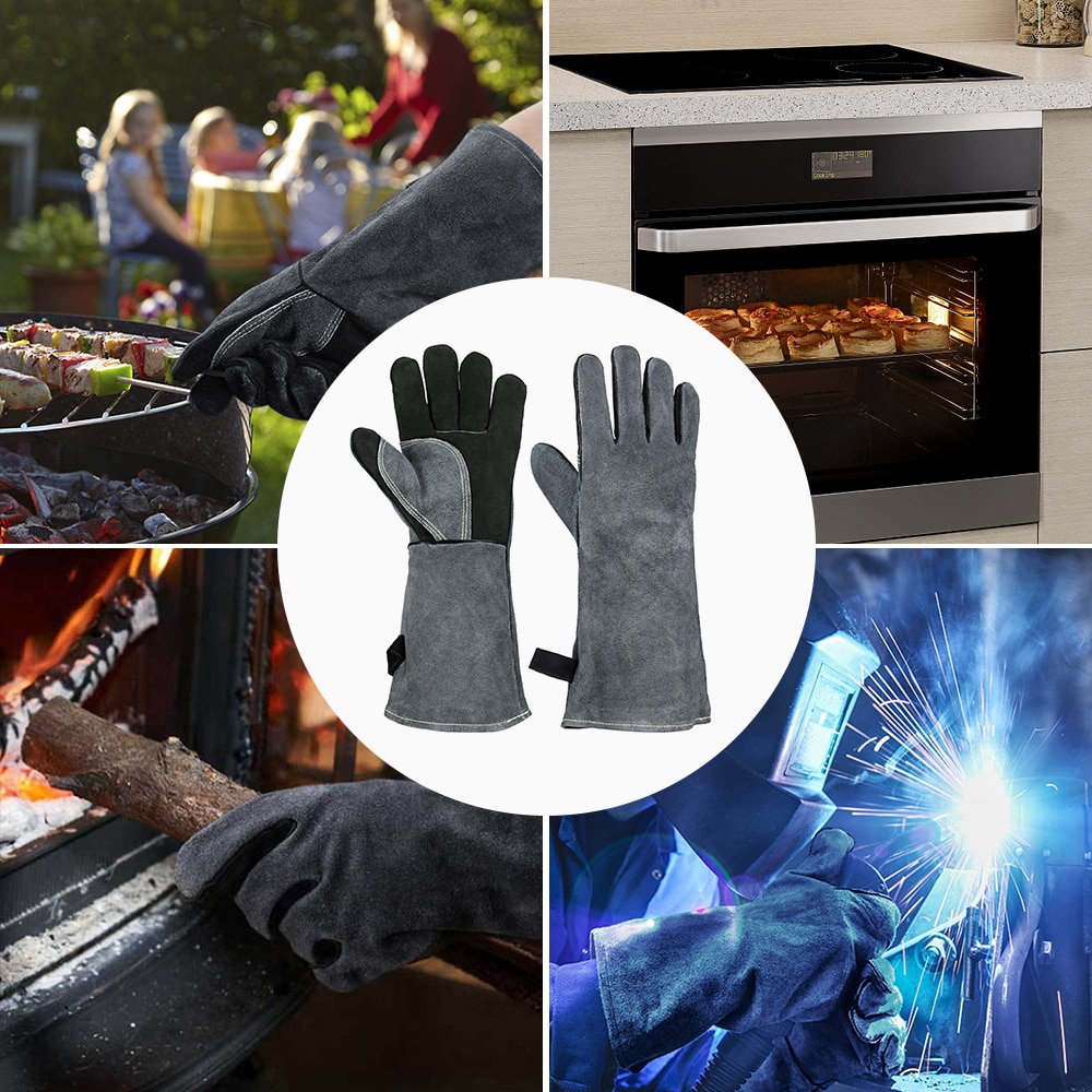 500℃ Heat Resistant Grill BBQ Gloves Leather Forge Welding Glove 40CM with Long Sleeve Microwave Oven Mitts Baking Accessories
