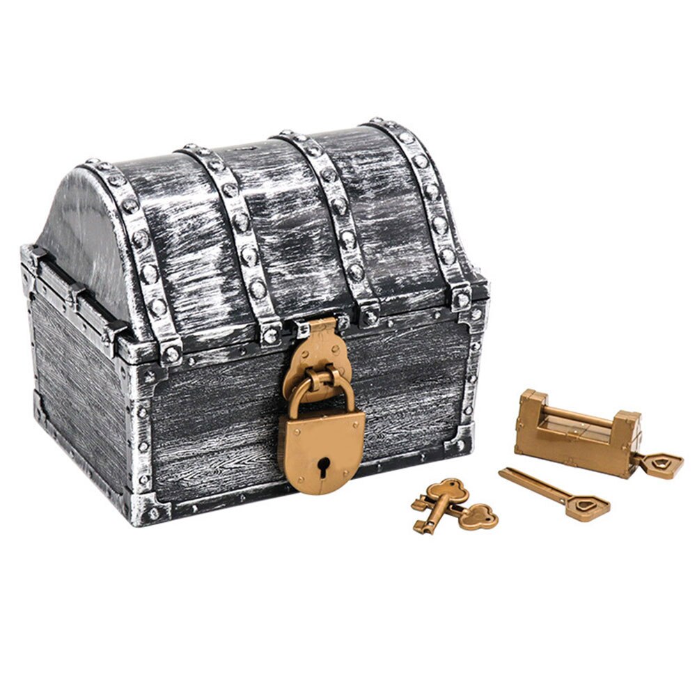 Pirat skattekiste vintage børn smykker arrangør børnelegetøj plast smykke ædelsten holder med nøgler opbevaringsboks: Sølv