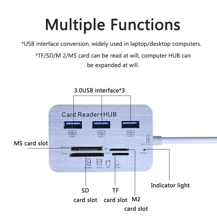 Aluminum 3 Port USB 3.0 Hub MS SD M2 TF Multi-In-1 Memory Card Reader Adapter US Computer Peripherals USB Hub