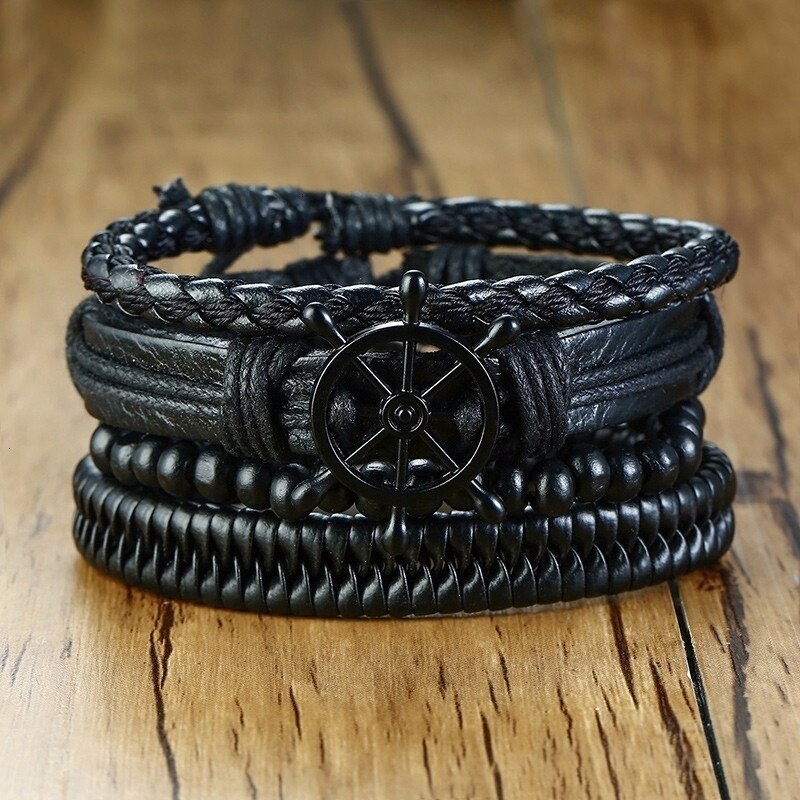 Veer Mannen Lederen Manchet Armband Sets Multi Strand Armband Wrap Armband Bohemian Sieraden Voor Hem: Licht Geel Kleur