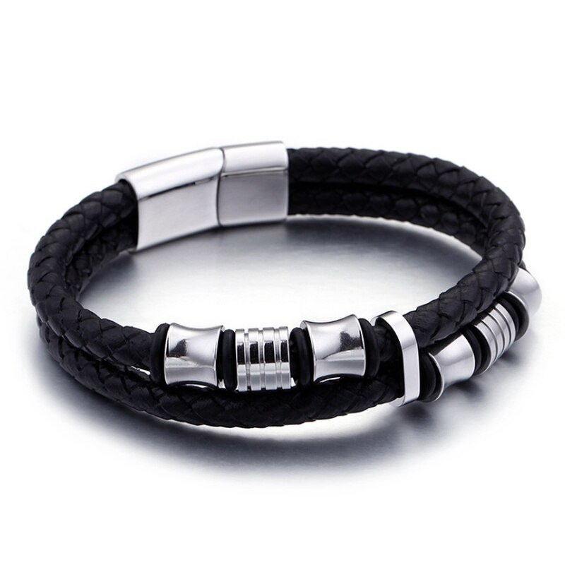Klassieke Double Layer Zwart Lederen Armband Gold Metalen Magnetische Sluiting Mannen Mode Armband Sieraden: silver