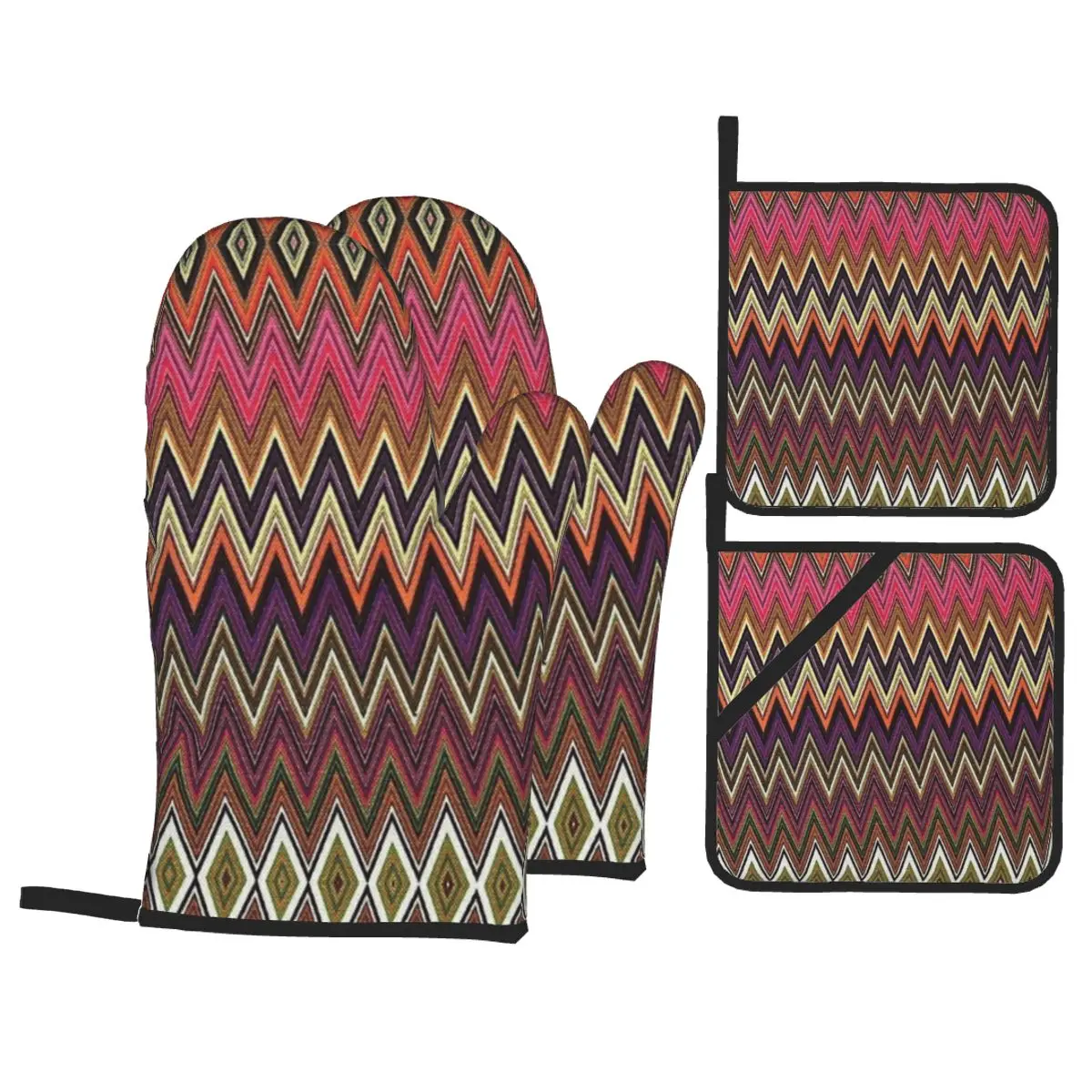 ZigZag Oven Mitts and Pot Holders 4pcs Set for Baking Cooking Non-Slip Heat Resistant Geometric BBQ Kitchen Gloves Potholders: WHITE