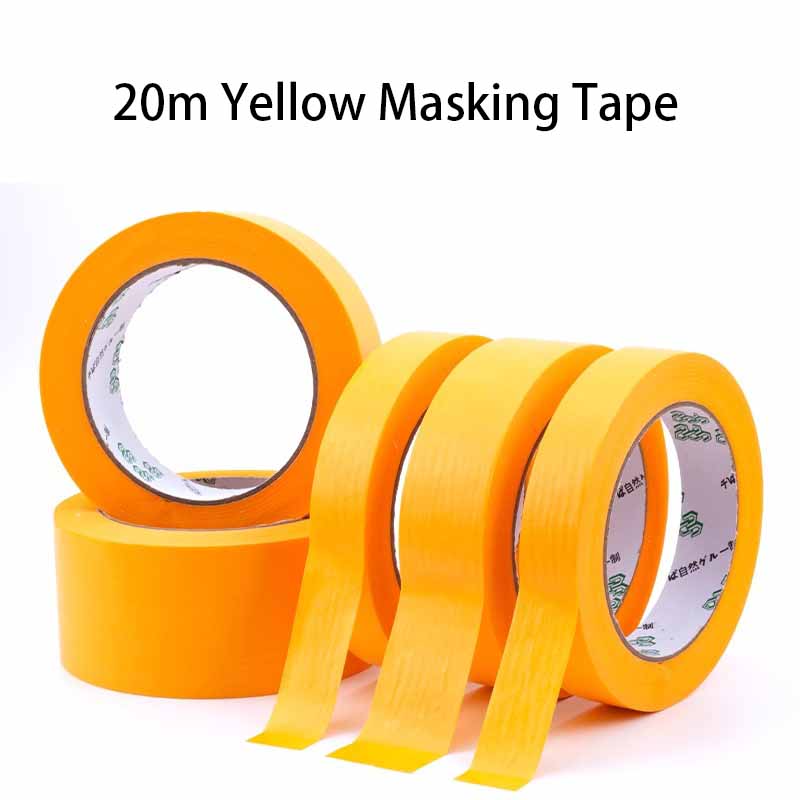 Cinta adhesiva amarilla de 20m, cinta adhesiva para pintura, papel texturizado, decoración de pintura de coche, rasgado manual sin costuras para pintores