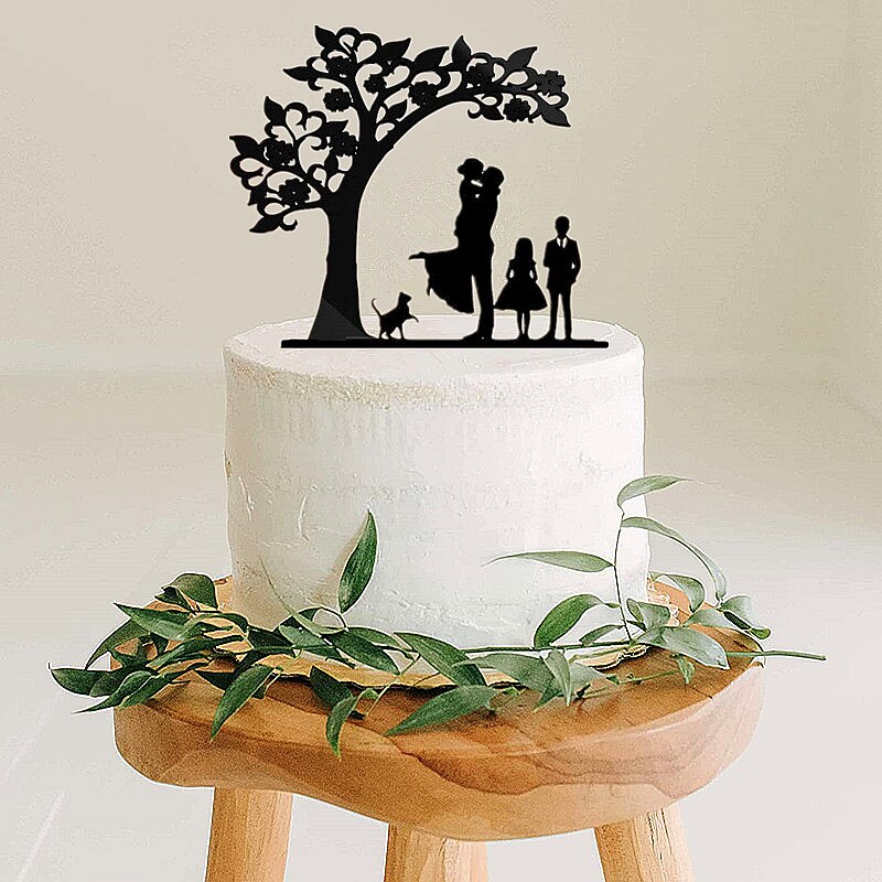 Coppia di topper torta anniverario matrimonio stile albero con 2 bambini sposa e sposo con animale domestico cane gatto ragazzi ragazze famiglia torta topper: L / Oliva