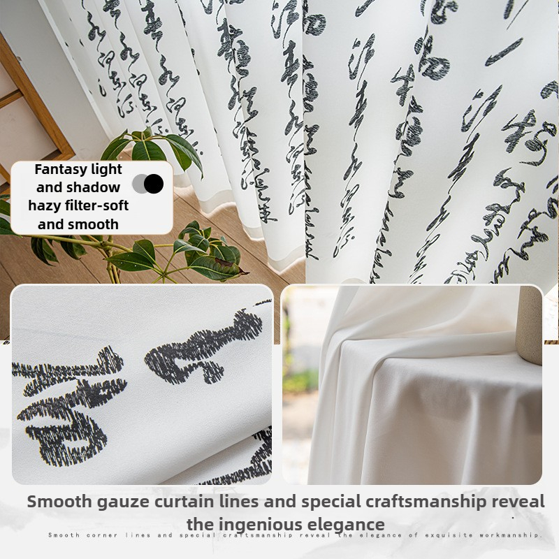 Fondos de pantalla decoración del hogar Cortina divisoria china - Blanco transparente con caligrafía paisajística, privacidad de filtrado de luz para ventana salediza