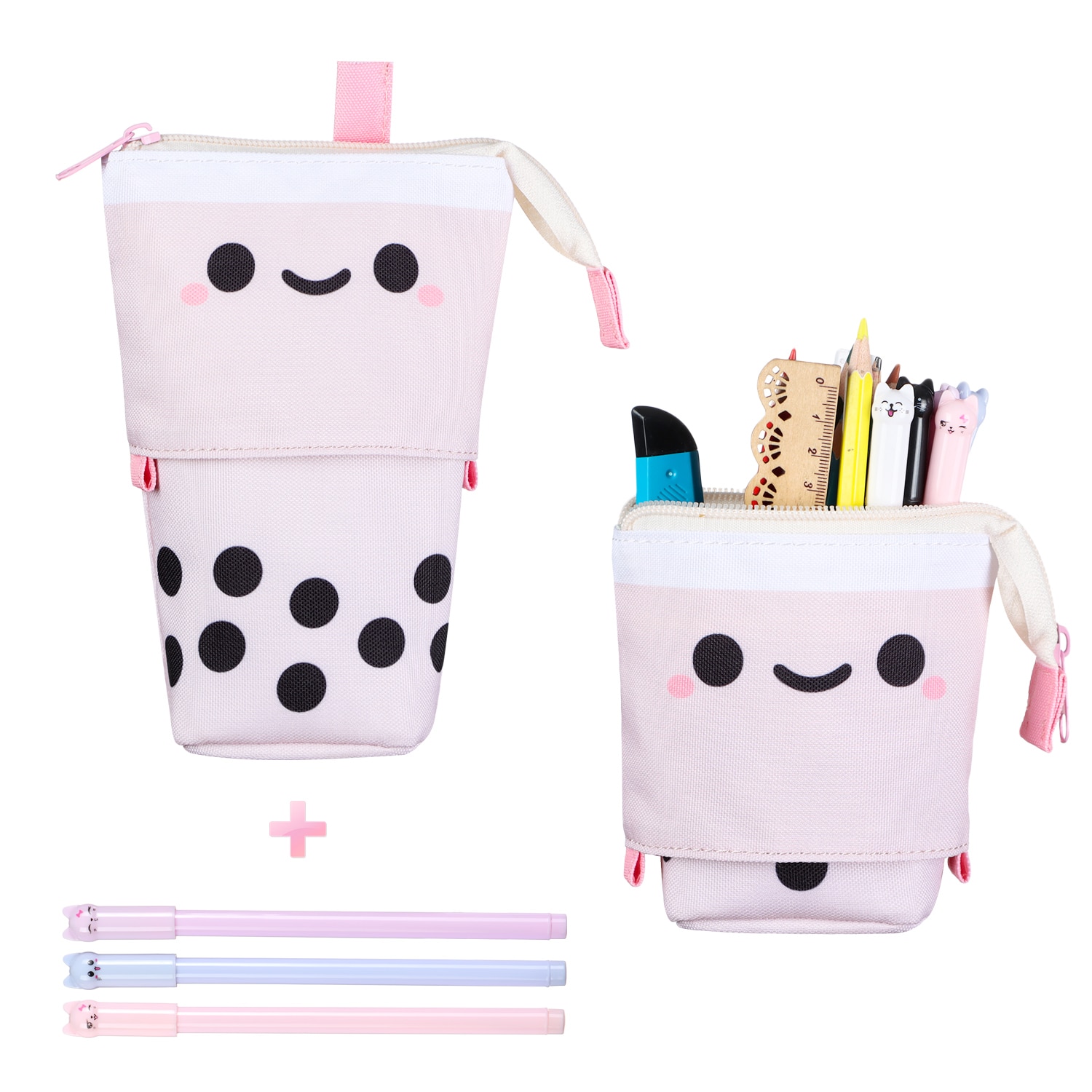 Leuke Boba Milktea Potlood Bagtelescopic Pen Houder Stand Up Etui Kawaii Cosmetica Zakje Make-Up Tas Briefpapier Organizer: A-1 case 3 pens
