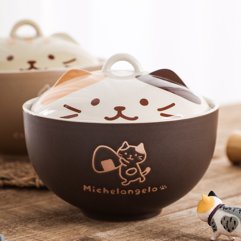 Bol à soupe Ramen avec couvercle en céramique, chat japonais mignon, bols à nouilles, vaisselle de cuisine, plats de service, bol à fruits amusant pour chaton
