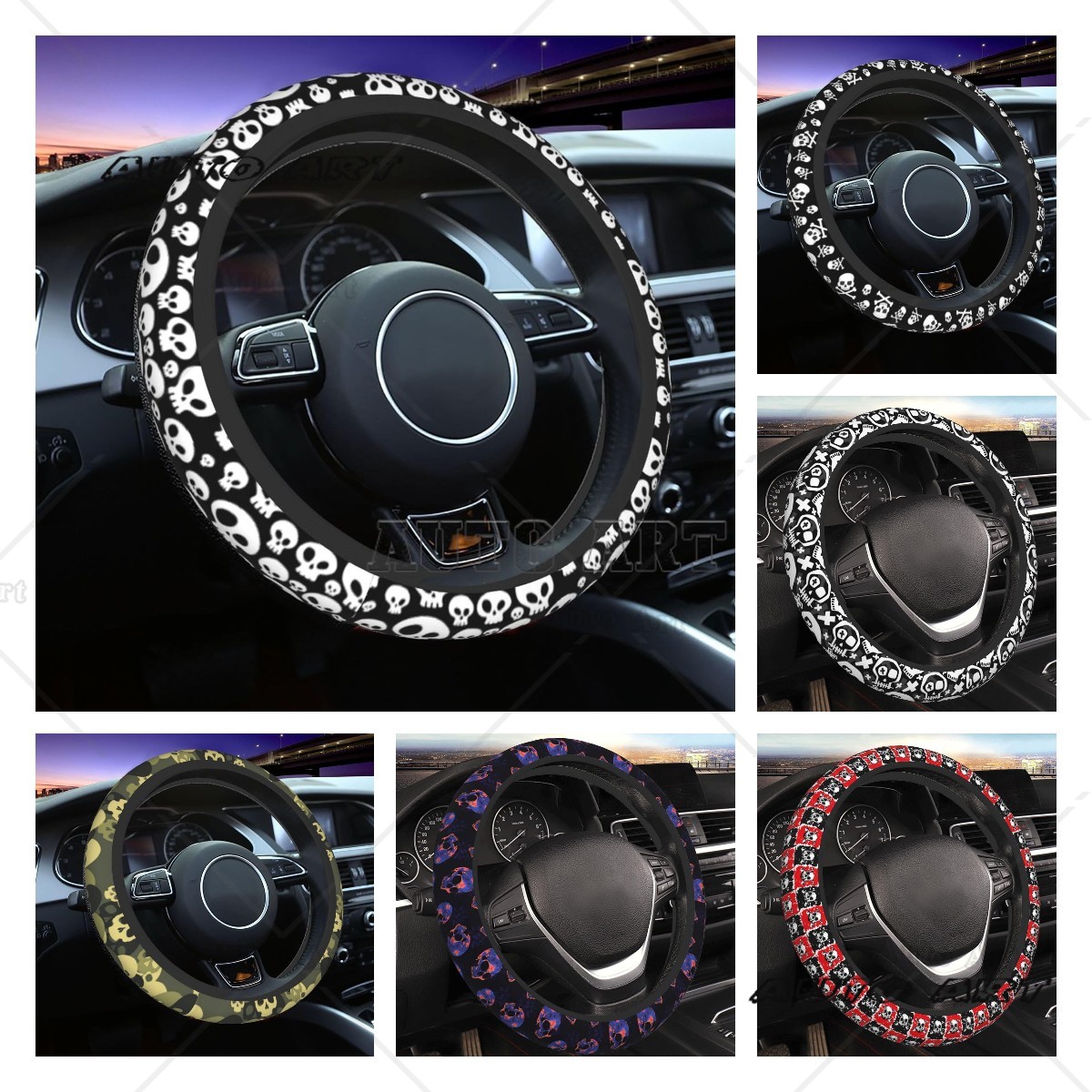 Steering Wheel Cover White Skull Goth Horror Black Neoprene Steering Wheel Protector Universal Fit Most Car Sedans 15 Inch