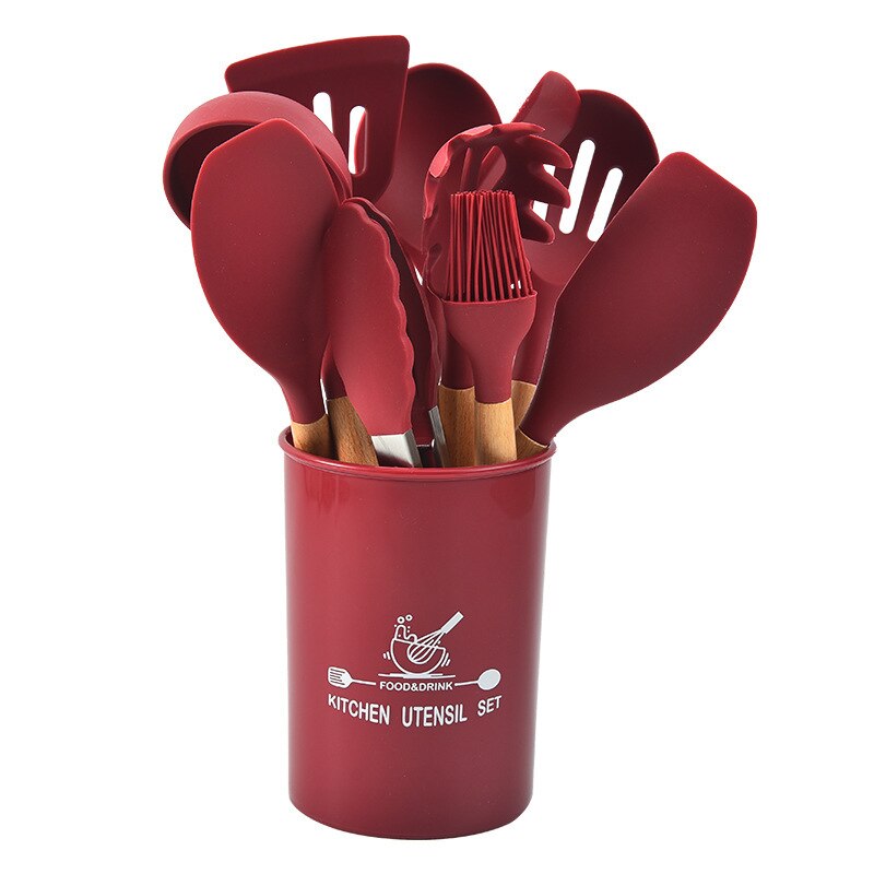 12 Stks/set Food Grade Siliconen Koken Gereedschap Keuken Non-stick Ei Kloppers Spatel Keukengerei Huishouden Houten Handvat Item: Wine Red