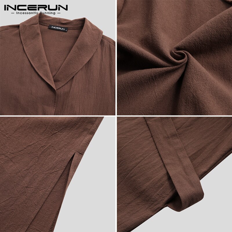 INCERUN Mode Comfort Katoen Mannen Solid Revers Lange Mouw Nachtjapon Heren Badjas Casual Riem Kamerjas Homewear Pyjama