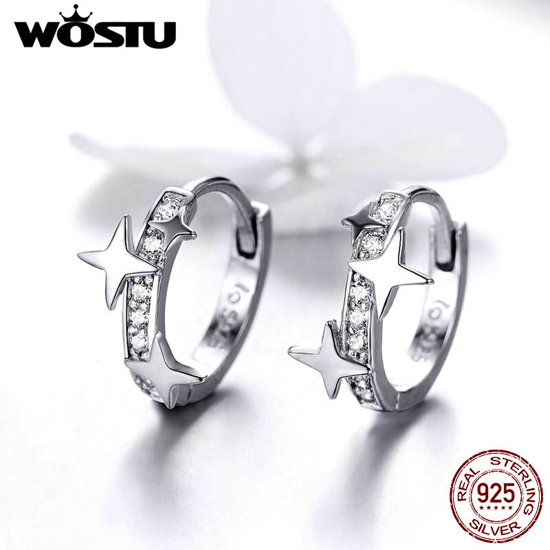 Wostu Brilliant Star Oorringen 925 Sterling Zilver Dazzling Zirkoon Cirkel Kleine Oorbellen Voor Vrouwen Zilver 925 Sieraden CTE076