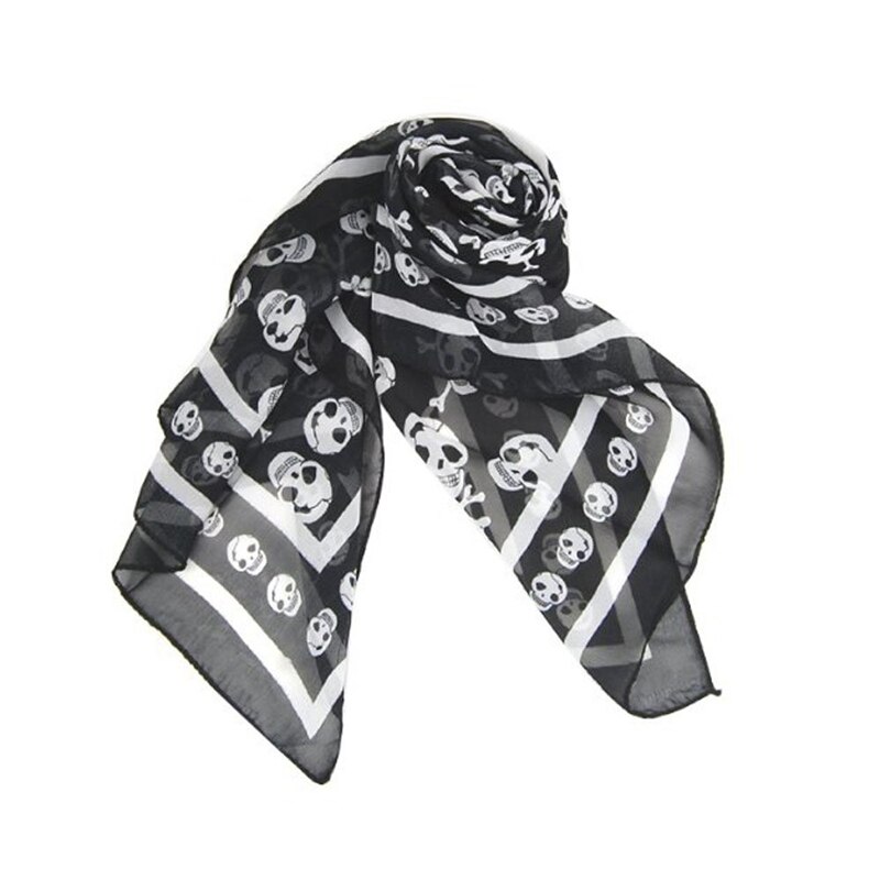 Black Chiffon Silk Feeling Skull Print Long Scarf Shawl Scaf Wrap For Women